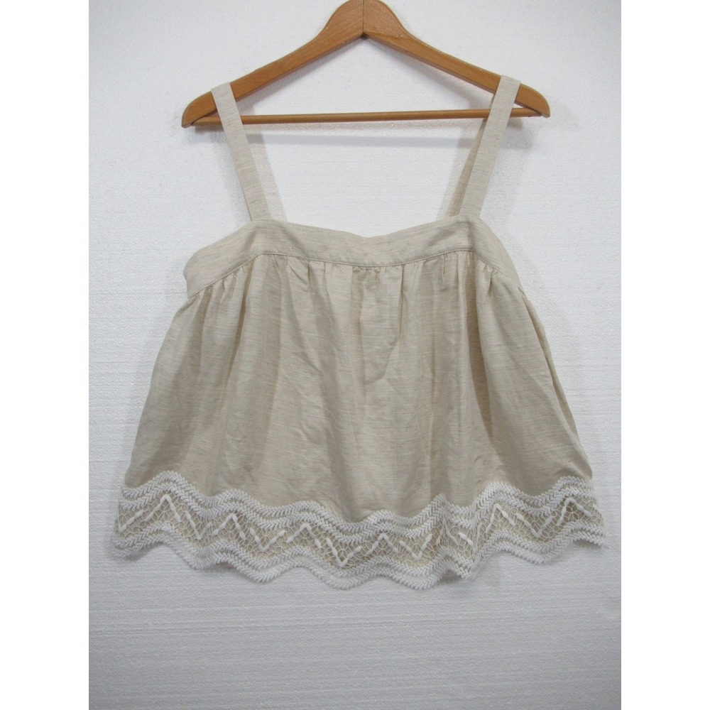Parker Linen Rayon Blend Scalloped Tank Top Women Large Beige Brighton